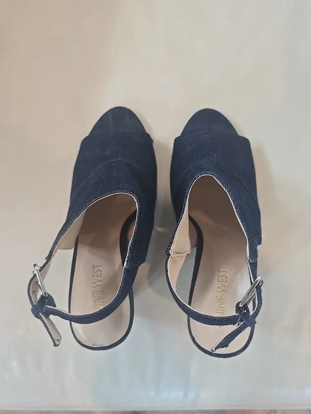 Nine West Open-Toe Ankle Wedges in Dark Navy Denim Size 6